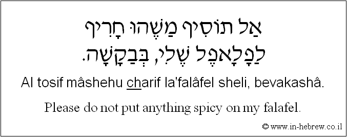 English to Hebrew: Please do not put anything spicy on my falafel.