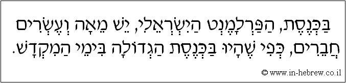 עברית: בכנסת, הפרלמנט הישראלי, יש מאה ועשרים חברים, כפי שהיו בכנסת הגדולה בימי המקדש.
