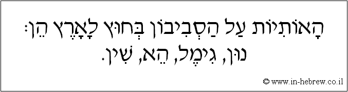 עברית: האותיות על הסביבון בחוץ לארץ הן: נון, גימל, הא, שין.