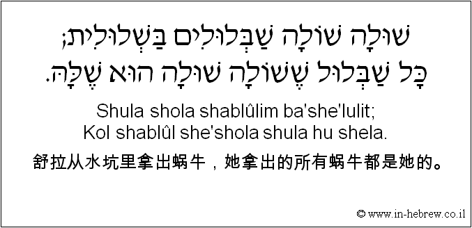 中文和希伯来语: 舒拉从水坑里拿出蜗牛，她拿出的所有蜗牛都是她的。