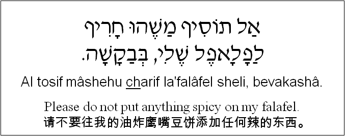 中文和希伯来语: 请不要往我的油炸鹰嘴豆饼添加任何辣的东西。