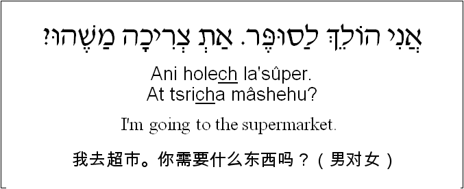 中文和希伯来语: 我去超市。你需要什么东西吗？（男对女）