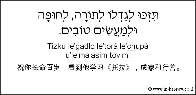 中文和希伯来语: 祝你长命百岁，看到他学习《托拉》，成家和行善。