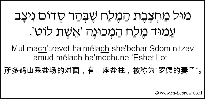 中文和希伯来语: 所多码山采盐场的对面，有一座盐柱，被称为“罗德的妻子”。