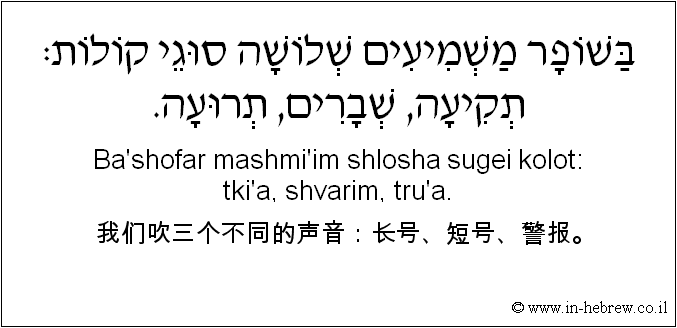 中文和希伯来语: 我们吹三个不同的声音：长号、短号、警报。