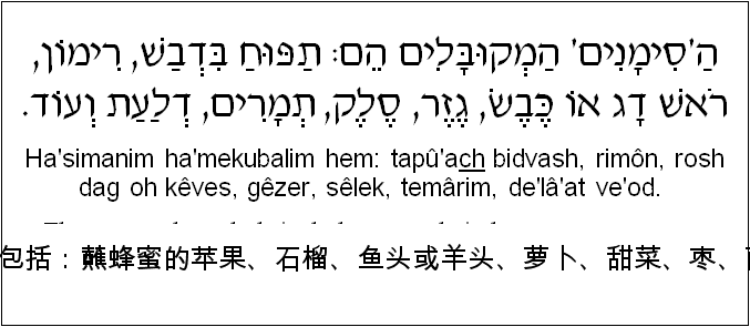 中文和希伯来语: 象征物包括：蘸蜂蜜的苹果、石榴、鱼头或羊头、萝卜、甜菜、枣、南瓜等。