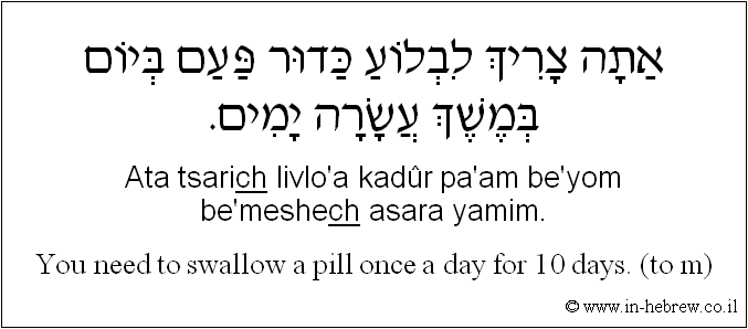 English to Hebrew: You need to swallow a pill once a day for 10 days. ( to m )