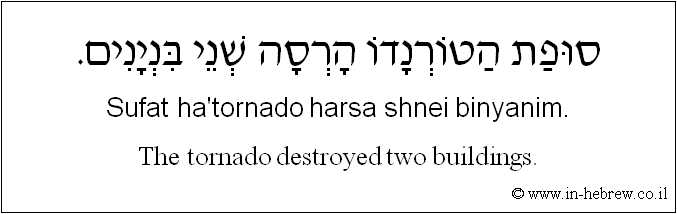 English to Hebrew: The tornado destroyed two buildings.