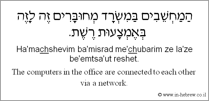 English to Hebrew: The computers in the office are connected to each other via a network.