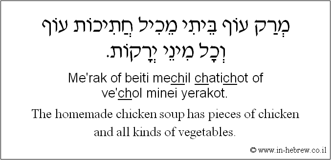 English to Hebrew: The homemade chicken soup has pieces of chicken and all kinds of vegetables.