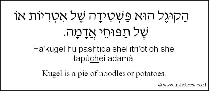 English to Hebrew: Kugel is a pie of noodles or potatoes.