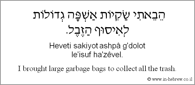 English to Hebrew: I brought large garbage bags to collect all the trash.