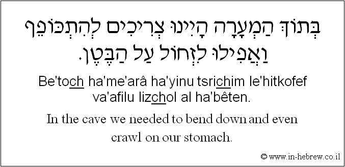 English to Hebrew: In the cave we needed to bend down and even crawl on our stomach.