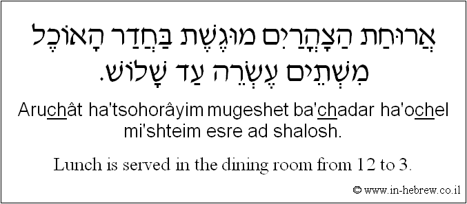 English to Hebrew: Lunch is served in the dining room from 12 to 3.