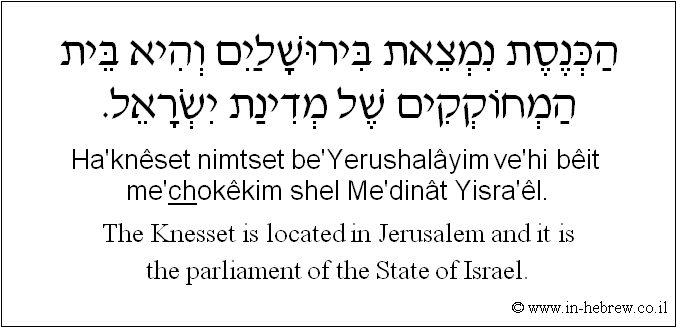 English to Hebrew: The Knesset is located in Jerusalem and it is the parliament of the State of Israel.