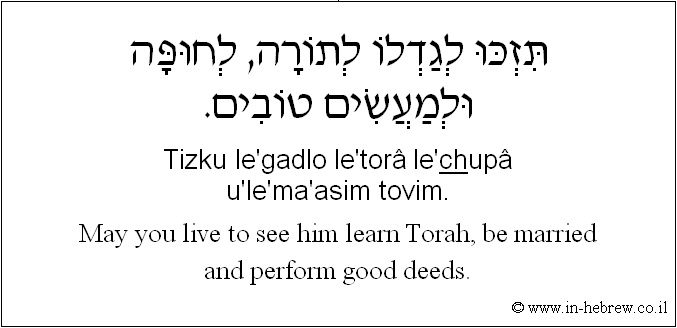 English to Hebrew: May you live to see him learn Torah, be married and perform good deeds.