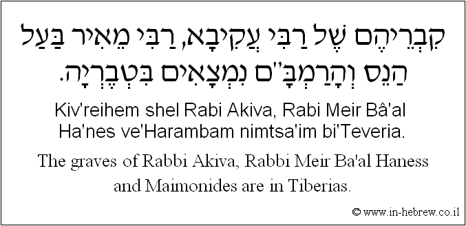 English to Hebrew: The graves of Rabbi Akiva, Rabbi Meir Ba'al Haness and Maimonides are in Tiberias.