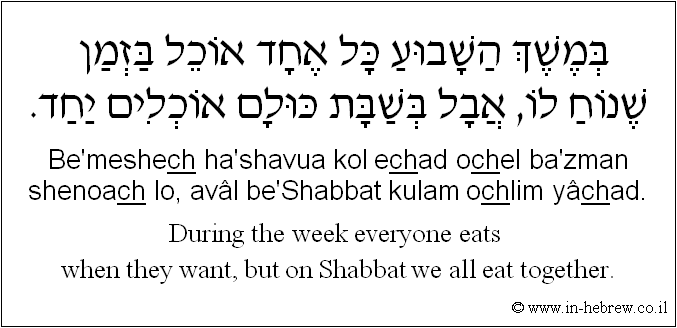 English to Hebrew: During the week everyone eats when they want, but on Shabbat we all eat together.
