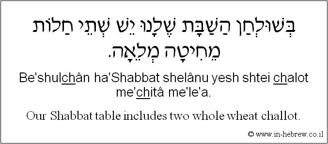 English to Hebrew: Our Shabbat table includes two whole wheat challot.