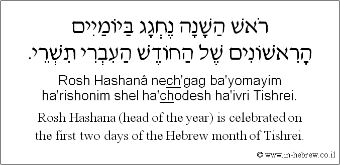 English to Hebrew: Rosh Hashana (head of the year) is celebrated on the first two days of the Hebrew month of Tishrei.
