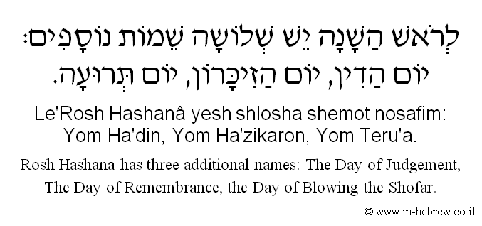 English to Hebrew: Rosh Hashana has three additional names: The Day of Judgement, The Day of Remembrance, the Day of Blowing the Shofar.