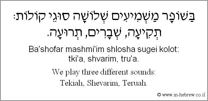 English to Hebrew: We play three different sounds: Tekiah, Shevarim, Teruah.