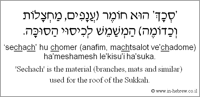 English to Hebrew: 'Sechach' is the material (branches, mats and similar) used for the roof of the Sukkah.