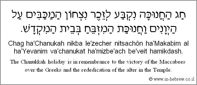 English to Hebrew: The Chanukkah holiday is in remembrance to the victory of the Maccabees over the Greeks and the rededication of the alter in the Temple.