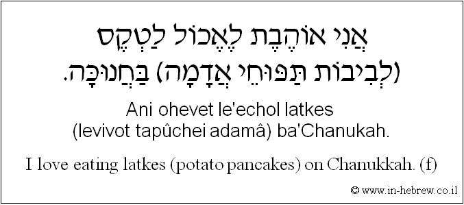 English to Hebrew: I love eating latkes (potato pancakes) on Chanukkah. ( f )
