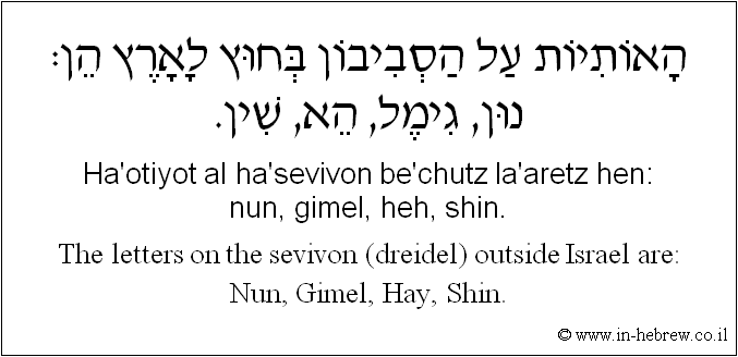 English to Hebrew: The letters on the sevivon (dreidel) outside Israel are: Nun, Gimel, Hay, Shin.