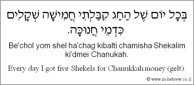 English to Hebrew: Every day I got five Shekels for Chanukkah money (gelt).