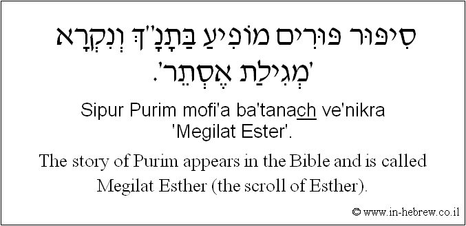 English to Hebrew: The story of Purim appears in the Bible and is called Megilat Esther (the scroll of Esther).