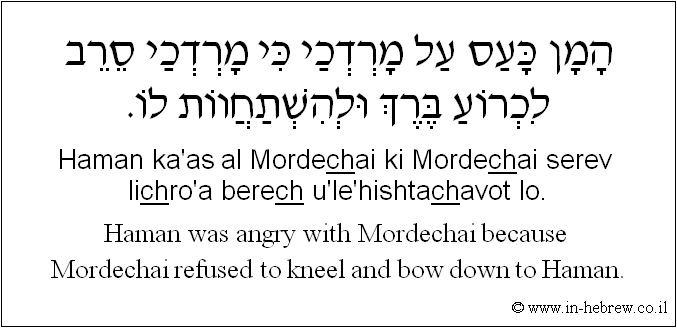 English to Hebrew: Haman was angry with Mordechai because Mordechai refused to kneel and bow down to Haman.