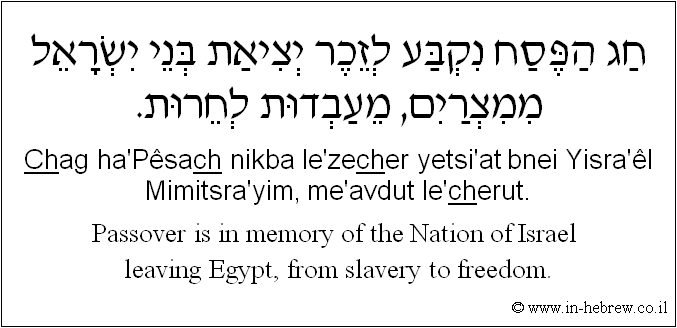 English to Hebrew: Passover is in memory of the Nation of Israel leaving Egypt, from slavery to freedom.