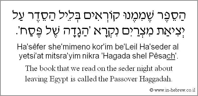 English to Hebrew: The book that we read on the seder night about leaving Egypt is called the Passover Haggadah.