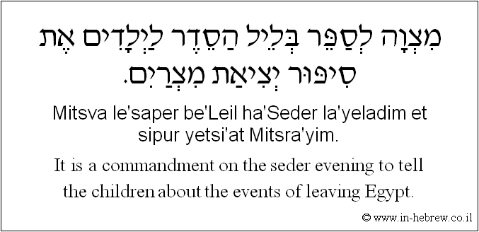 English to Hebrew: It is a commandment on the seder evening to tell the children about the events of leaving Egypt.