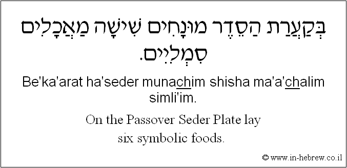 English to Hebrew: On the Passover Seder Plate lay six symbolic foods.