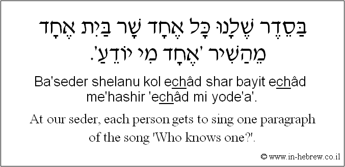 English to Hebrew: At our seder, each person gets to sing one paragraph of the song 'Who knows one?'.