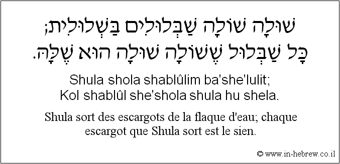 Français à l'hébreu: Shula sort des escargots de la flaque d'eau; chaque escargot que Shula sort est le sien.