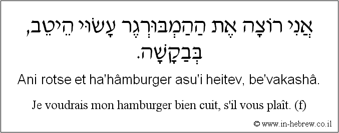 Français à l'hébreu: Je voudrais mon hamburger bien cuit, s'il vous plaît. (f)