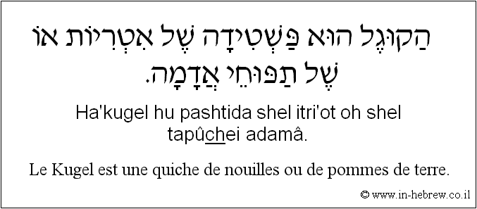 Français à l'hébreu: Le Kugel est une quiche de nouilles ou de pommes de terre.