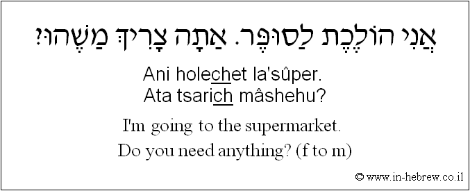 Français à l'hébreu: Je vais au supermarché. Vous avez besoin de quelque chose? (f à m)