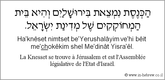 Français à l'hébreu: La Knesset se trouve à Jérusalem et est l'Assemblée législative de l'Etat d'Israël.
