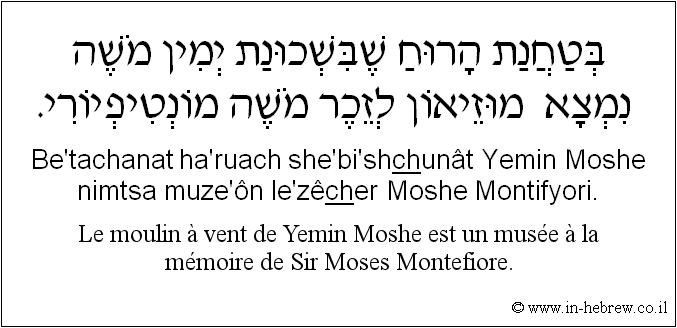 Français à l'hébreu: Le moulin à vent de Yemin Moshe est un musée à la mémoire de Sir Moses Montefiore.