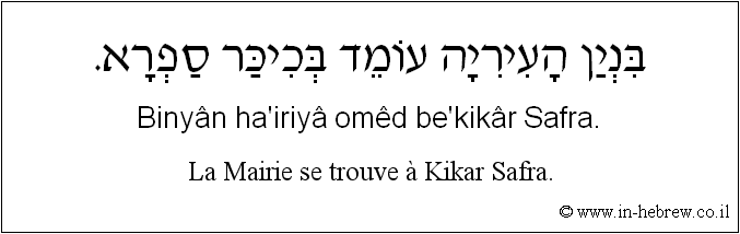 Français à l'hébreu: La Mairie se trouve à Kikar Safra.