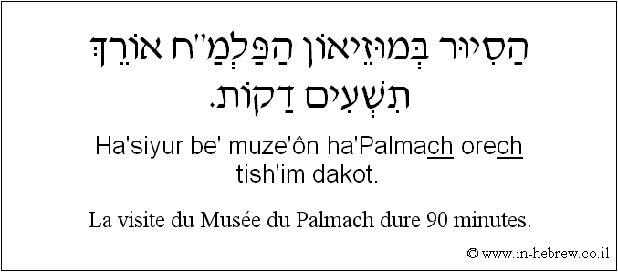 Français à l'hébreu: La visite du Musée du Palmach dure 90 minutes.