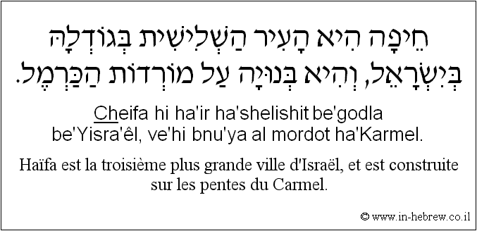 Français à l'hébreu: Haïfa est la troisième plus grande ville d'Israël, et est construite sur les pentes du Carmel.