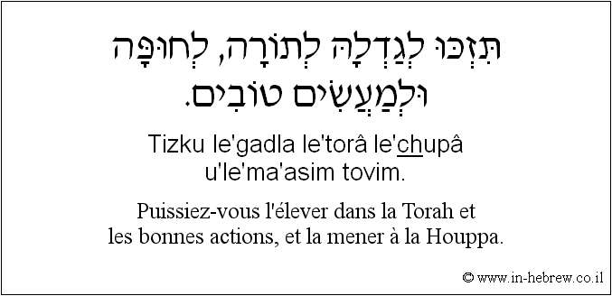 Français à l'hébreu: Puissiez-vous l'élever dans la Torah et les bonnes actions, et la mener à la Houppa.