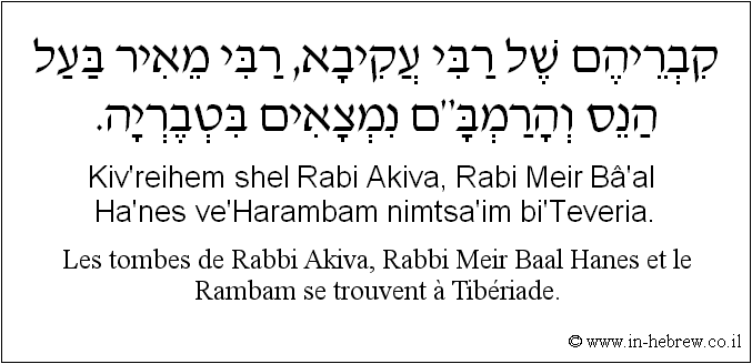 Français à l'hébreu: Les tombes de Rabbi Akiva, Rabbi Meir Baal Hanes et le Rambam se trouvent à Tibériade.