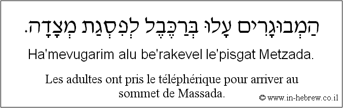 Français à l'hébreu: Les adultes ont pris le téléphérique pour arriver au sommet de Massada.